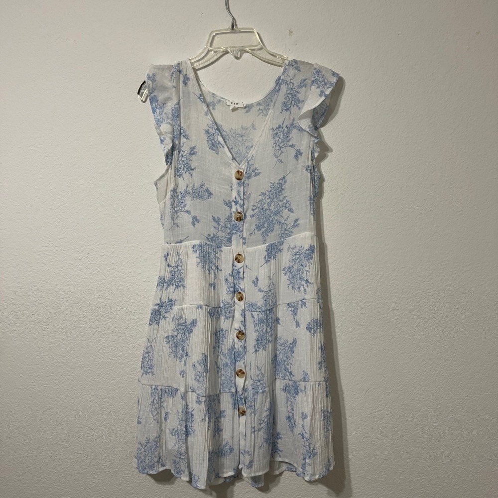E&M Blue Floral Babydoll Dress Cottagecore Coquette Boho Prairie Size L - Picture 2 of 8